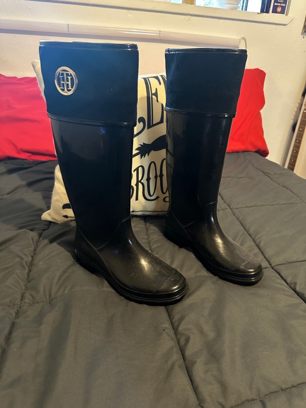 Tommy Hilfiger Black Tall Glossy Rain Boots with Logo Cuff